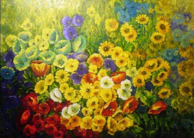 Feld der Blumen Acryl auf Leinwand 50x70 gerahmt 2009 - WOODNS
