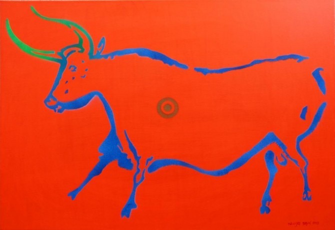 Kuh von Lascaux (Version II) 70x100 cm, Acryl und Spray auf Leinwand - WOODNS
