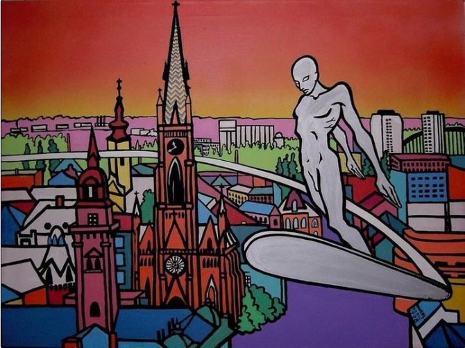 Silver Surfer over Novi Sad - 1998, 60x80 cm, acrylic on canvas - WOODNS
