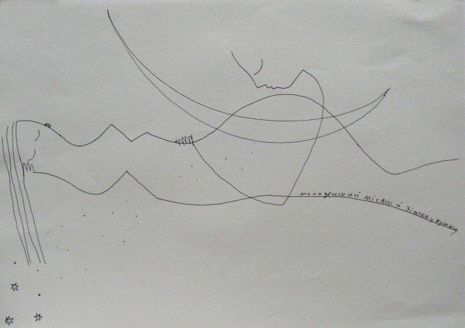 Young crescent and star in the ear 2012, pen, paper, 21х29, 7 сm. - WOODNS